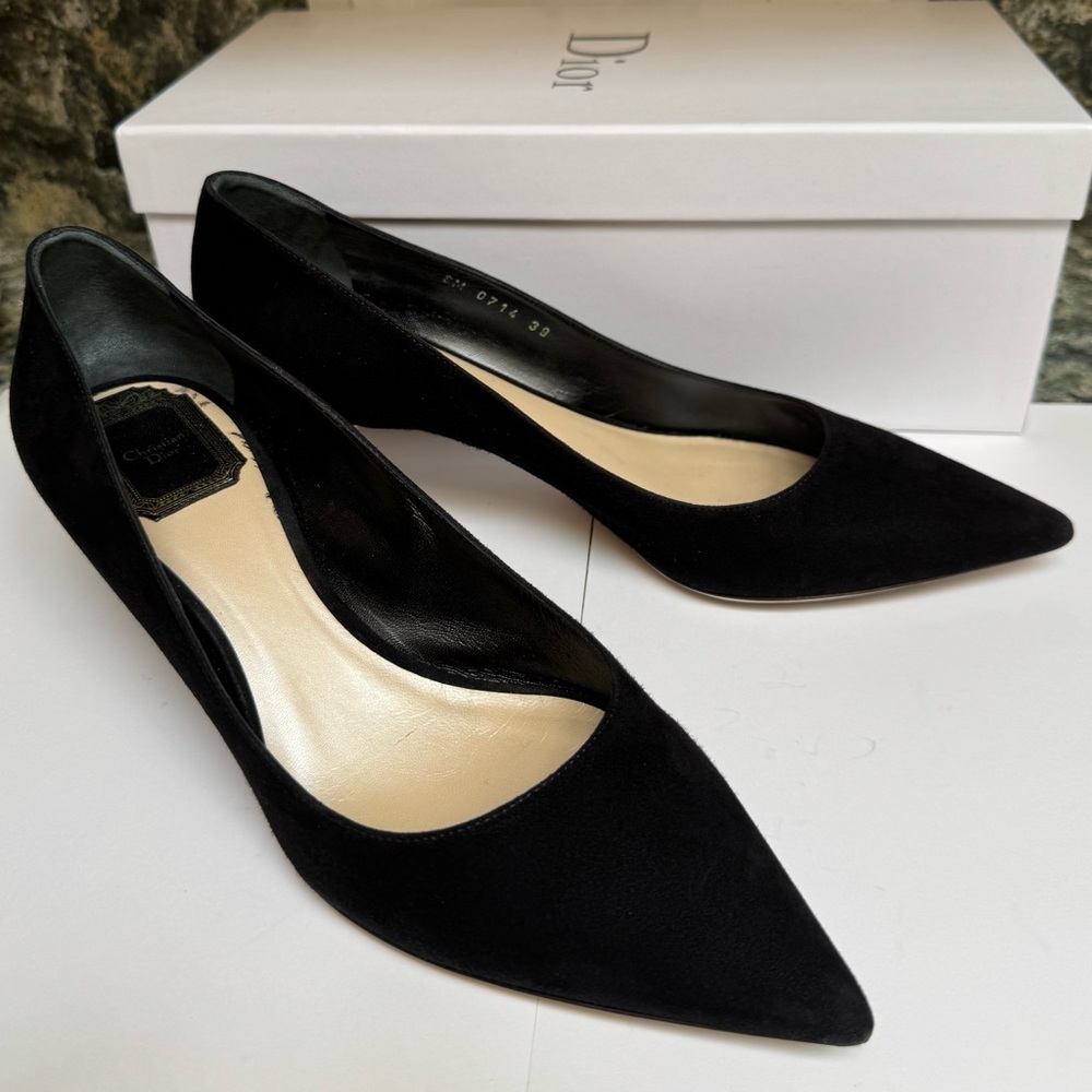 Dior Cherie Pointy Toes Black Suede Kitten Heels Pumps Size 9